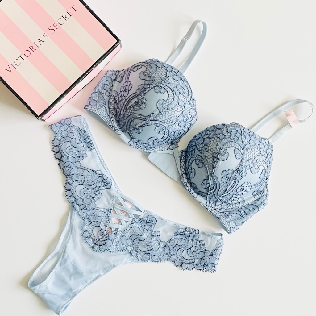 36c Medium Victoria’s Secret Blue Floral Embroidered Bra Set